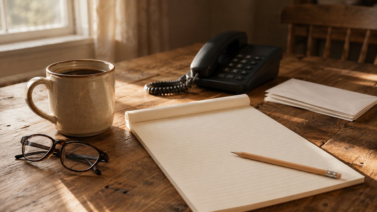 A mug of coffee, a blank notepad with a pencil across it, reading glasses, and a telephone sit together on a kitchen table in afternoon light.
