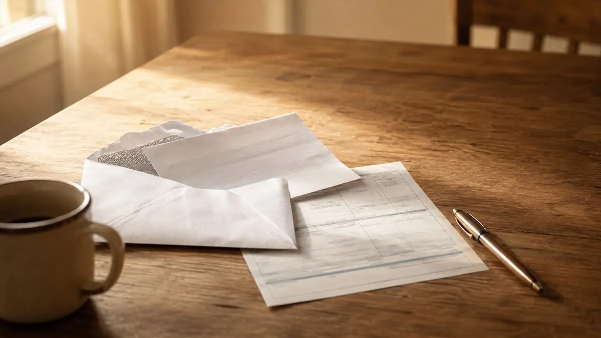 An opened envelope and a pay stub resting together on a kitchen table in soft morning light, with a pen set down beside them.